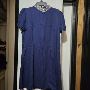Women's Navy Blue Mini Dress W Rhinestone Silver Collar Size XL